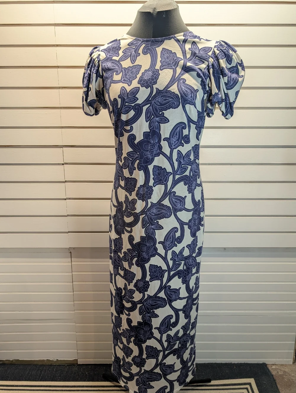 Boden Puff Sleeve Blue Floral Jersey Midi Dress Size 8R EUC - Picture 6 of 12